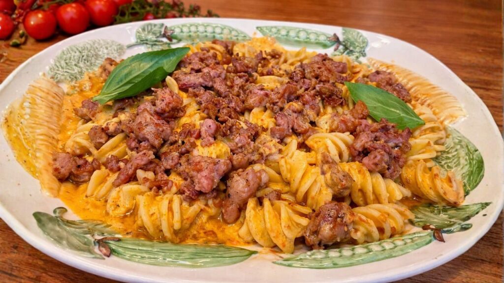 Pasta con crema di pomodorini, salsiccia e burrata