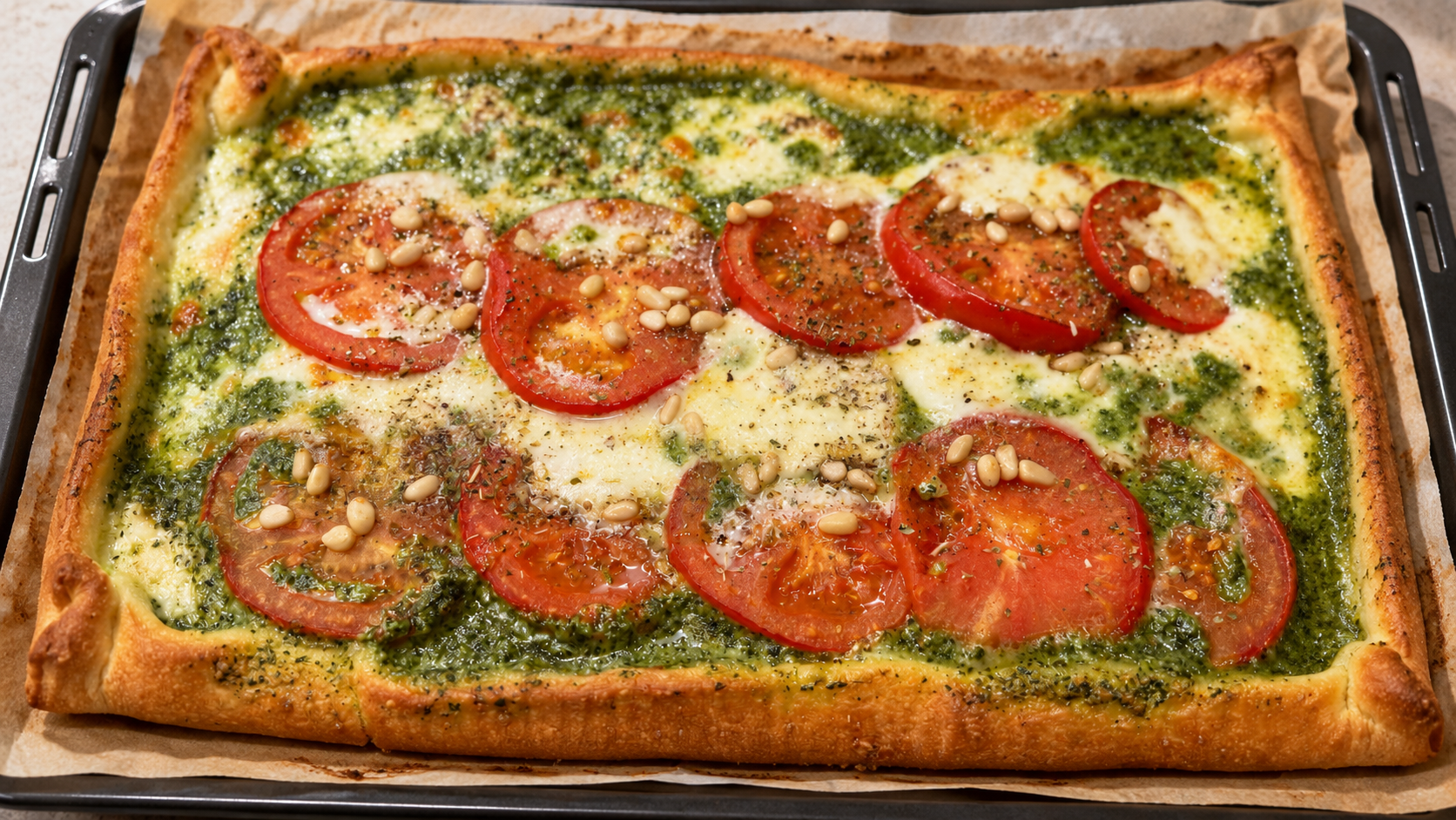Caprese alla mediterranea con pasta sfoglia, pesto, pomodoro e mozzarella