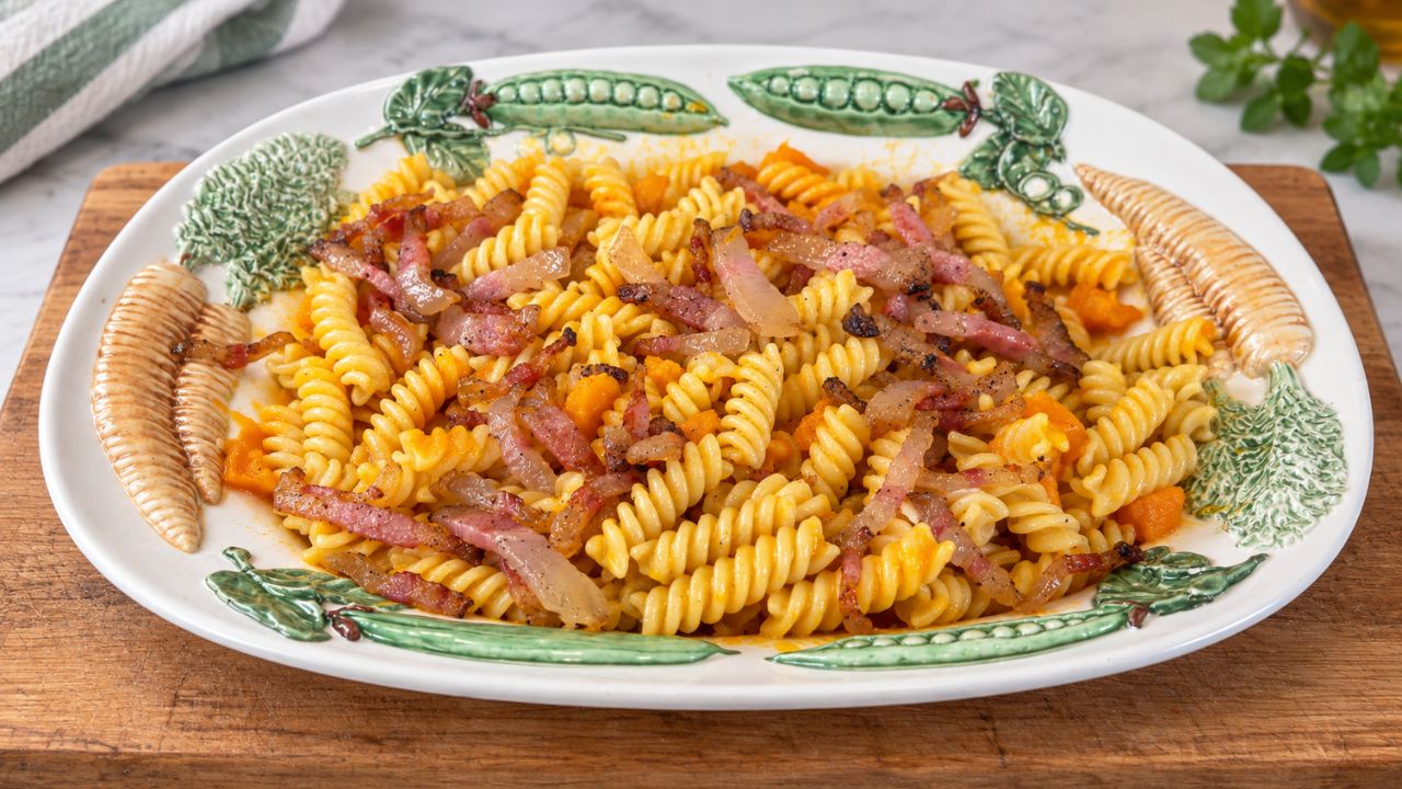 Pasta con zucca e guanciale cremosa con fusilli