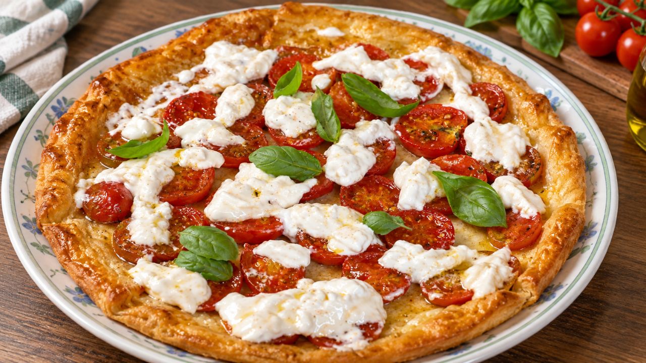 Pizza brisée con pomodorini, stracciatella e basilico