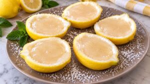 Barchette di limone ripiene di crema al limone con zucchero a velo