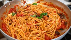 Spaghetti con tonno e olive taggiasche al pomodoro