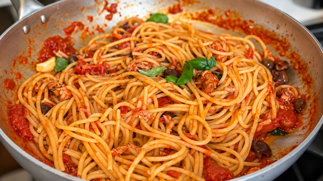 Spaghetti con tonno e olive taggiasche