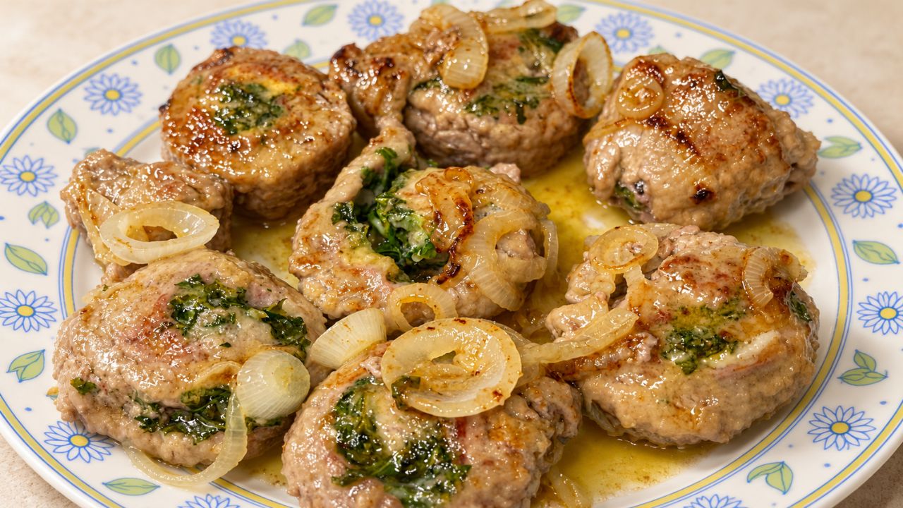 Rollè di carne ripieno in padella con prosciutto crudo, Parmigiano e rucola