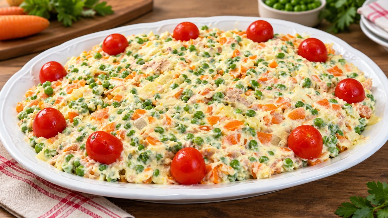 Insalata russa con patate, carote, piselli, tonno e maionese