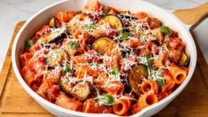 Pasta alla Norma con melanzane fritte, basilico e ricotta salata