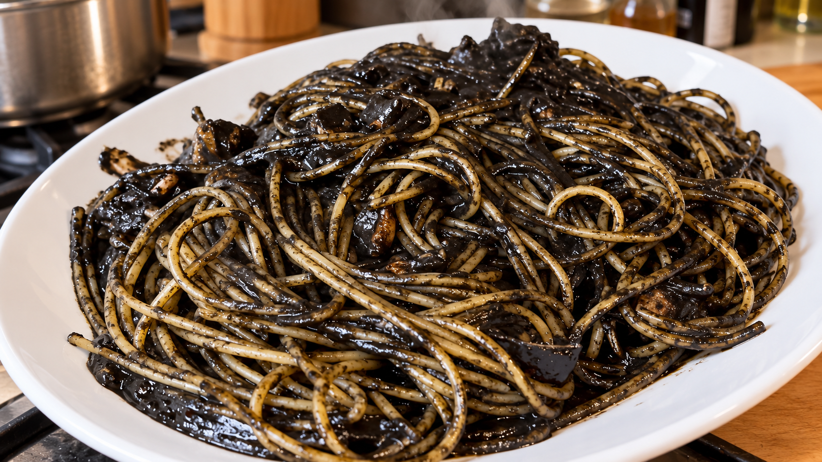 Pasta col nero di seppia alla siciliana con spaghetti e sugo di seppie al pomodoro