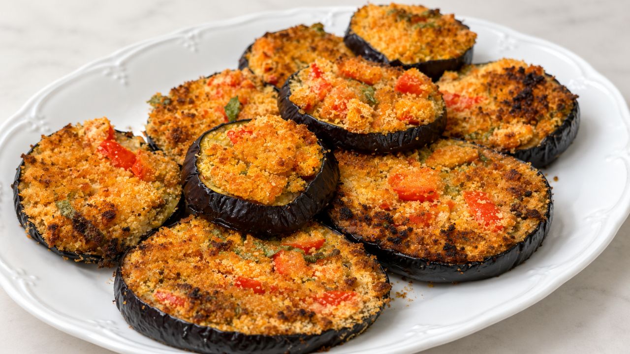 Bruschette di melanzane al forno con pomodoro e pangrattato