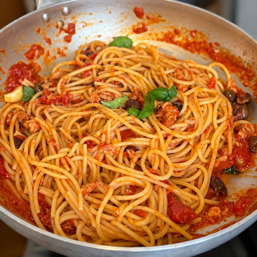 Spaghetti con tonno e olive taggiasche