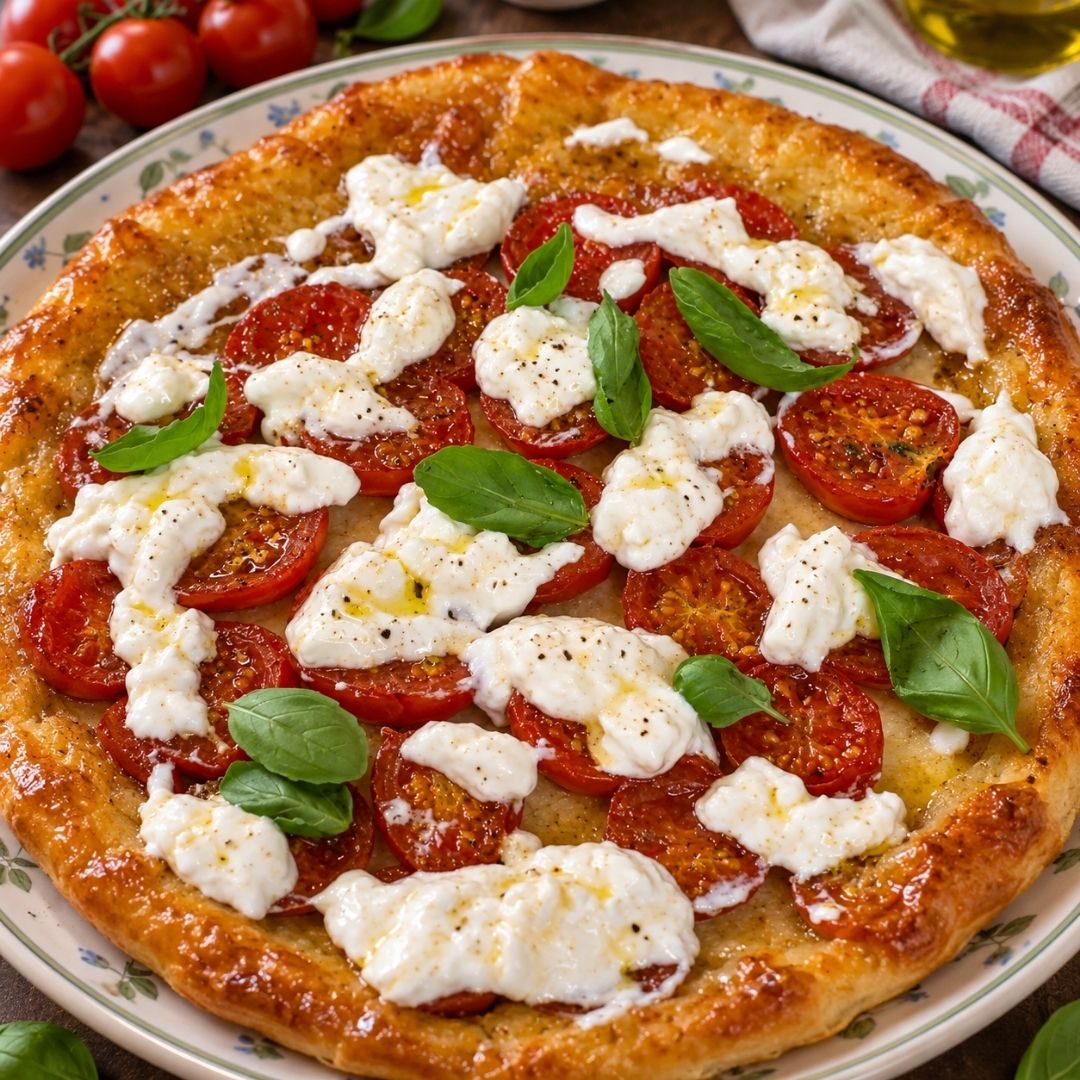 Pizza brisée con pomodorini e stracciatella