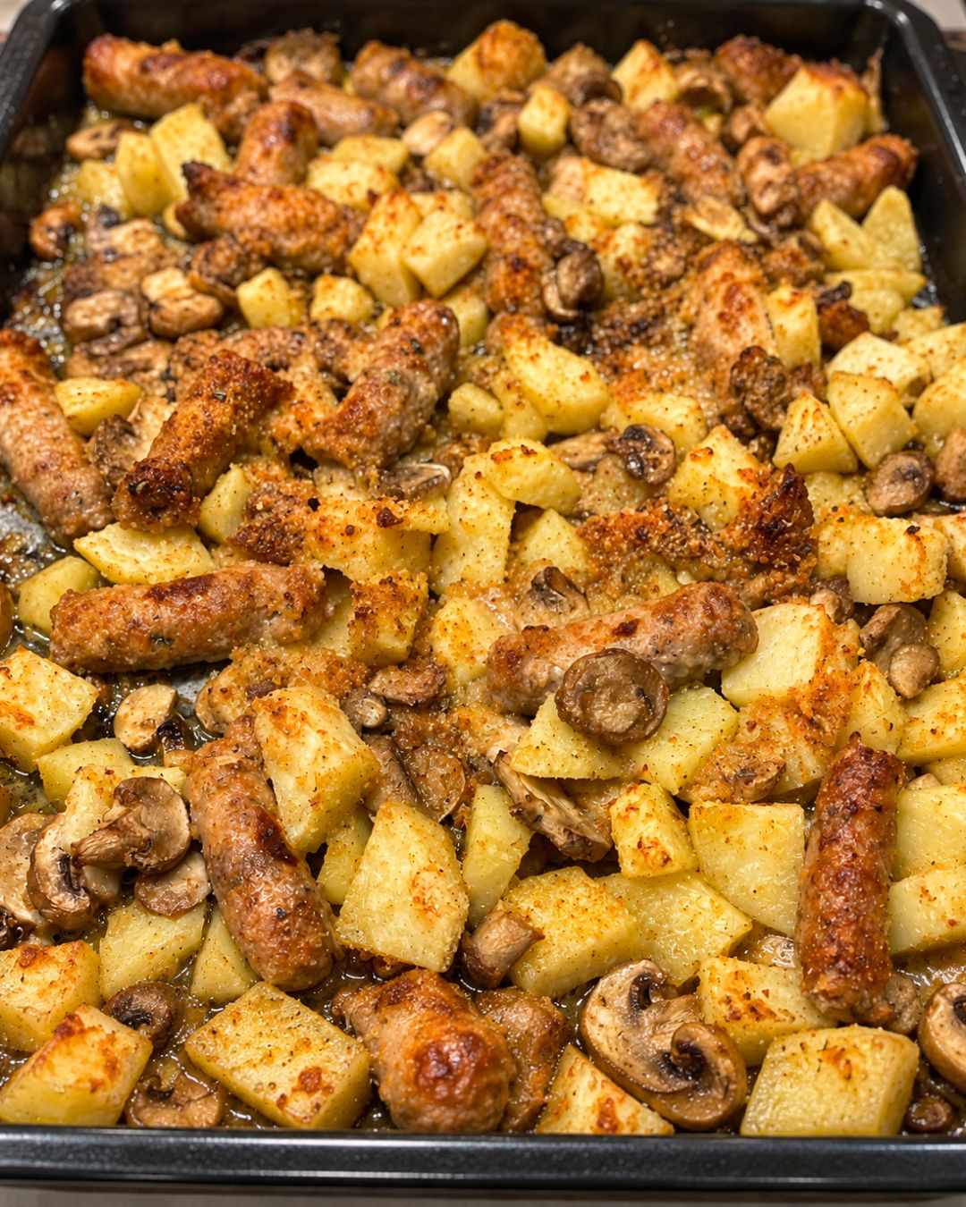 Salsiccia funghi e patate al forno