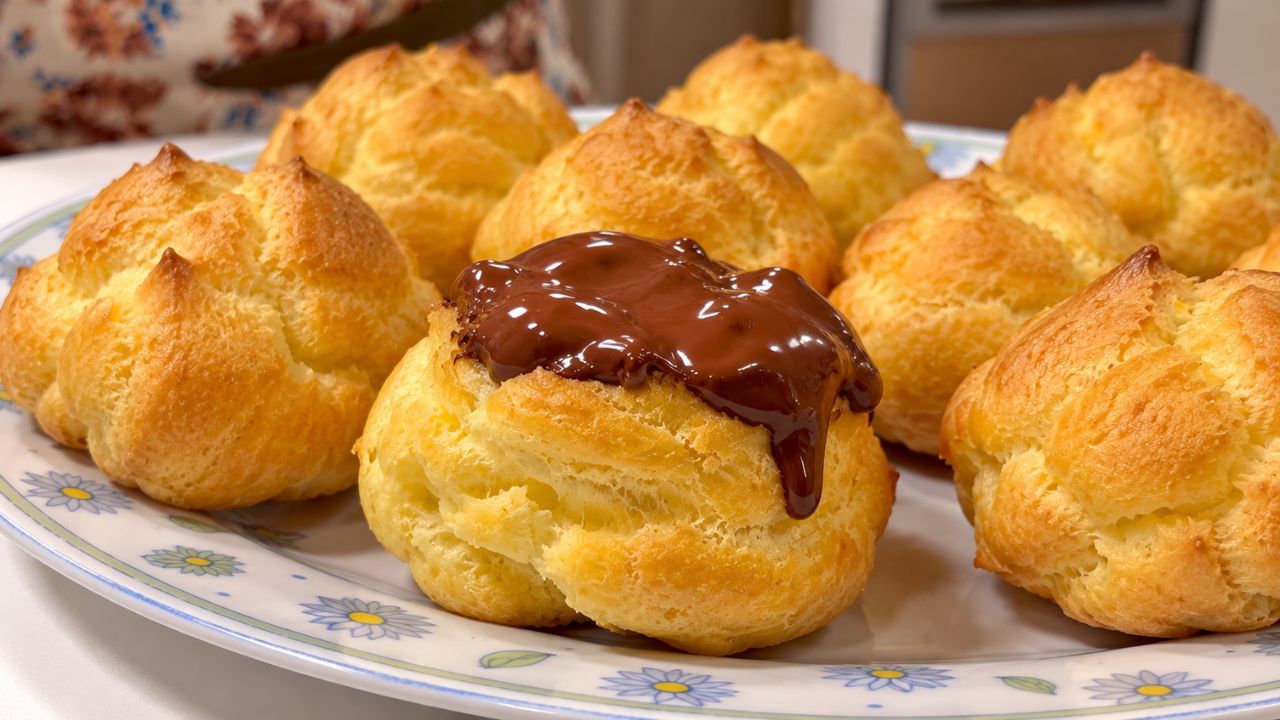 Bignè con crema al cioccolato e copertura di cioccolato fondente